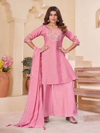 DESIGNER MUL CHANDERI MULTI EMBROIDERY THREAD WITH REAL HAND WORK  KURTI PALAZZO WITH DUPATTA BABY PINK