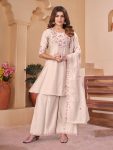 DESIGNER MUL CHANDERI MULTI EMBROIDERY THREAD WITH REAL HAND WORK  KURTI PALAZZO WITH DUPATTA OFF WHITE