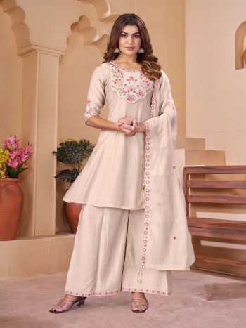 DESIGNER MUL CHANDERI MULTI EMBROIDERY THREAD WITH REAL HAND WORK  KURTI PALAZZO WITH DUPATTA OFF WHITE