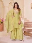 DESIGNER MUL CHANDERI MULTI EMBROIDERY THREAD WITH REAL HAND WORK  KURTI PALAZZO WITH DUPATTA LIGHT GREEN