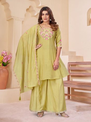 DESIGNER MUL CHANDERI MULTI EMBROIDERY THREAD WITH REAL HAND WORK  KURTI PALAZZO WITH DUPATTA LIGHT GREEN