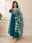 DESIGNER MUL CHANDERI MULTI-THREAD EMBROIDERY WITH BEADS WORK ANARKALI TOP BOTTOM WITH DUPATTA RAMA