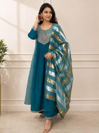 DESIGNER MUL CHANDERI MULTI-THREAD EMBROIDERY WITH BEADS WORK ANARKALI TOP BOTTOM WITH DUPATTA RAMA