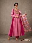DESIGNER MUL CHANDERI MULTI-THREAD EMBROIDERY WITH BEADS WORK ANARKALI TOP BOTTOM WITH DUPATTA PINK