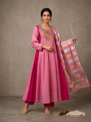 DESIGNER MUL CHANDERI MULTI-THREAD EMBROIDERY WITH BEADS WORK ANARKALI TOP BOTTOM WITH DUPATTA PINK