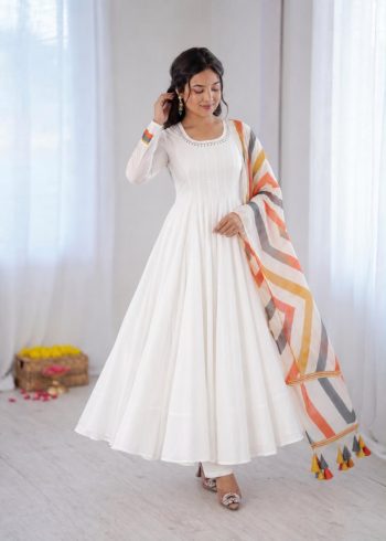 DESIGNER MUL COTTON EMBROIDERY WORK GOWN BOTTOM  WHITE WITH  MULTI COLOUR DUPATTA