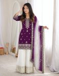 DESIGNER NATURAL SILK EMBROIDERY AND SEQUENCE WORK TOP PALAZZO WITH DUPATTA WHITE AND PURPLE