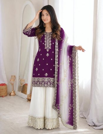 DESIGNER NATURAL SILK EMBROIDERY AND SEQUENCE WORK TOP PALAZZO WITH DUPATTA WHITE AND PURPLE