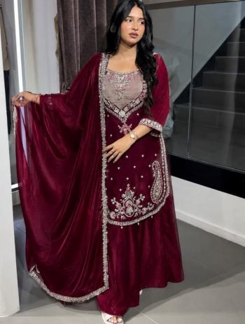 DESIGNER NC MOSS EMBROIDERY SEQUENCE WORK TOP PALAZZO WITH DUPATTA MAROON