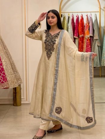 DESIGNER ORGANZA EMBROIDERY CODING SEQUENCE WORK GOWN BOTTOM WITH DUPATTA CREAM AND BLACK