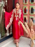 DESIGNER ROMAN BEADS WITH EMBROIDERY WORK TOP PALAZZO WITH DUPATTA RED