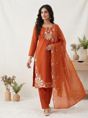 DESIGNER ROMAN EMBROIDERY WORK TOP BOTTOM WITH DUPATTA ORANGE