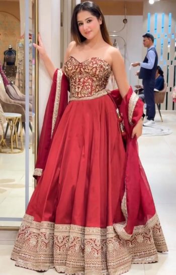 DESIGNER ROMAN SILK EMBROIDERY CODING SEQUENCE WITH PERAL MOTI HAND WORK LEHENGA CHOLI WITH DUPATTA RED
