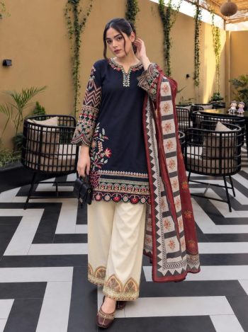 DESIGNER ROMAN SILK THREAD EMBROIDERY WORK TOP PALAZZO WITH DUPATTA NAVY BLUE AND DUSTY ROSE