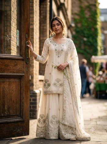 DESIGNER SATIN SILK EMBROIDERY 5 MM SEQUENCE WORK TOP PALAZZO WITH DUPATTA  OFF WHITE
