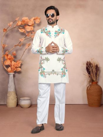 DESIGNER SILK EMBROIDERY WORK MEN'S ONLY KURTA WHITE