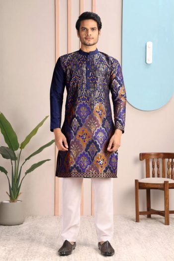 DESIGNER SILK WOVEN ELEPHANT & FLORAL MOTIF WORK MEN'S KURTA PAYJAMA NAVY BLUE