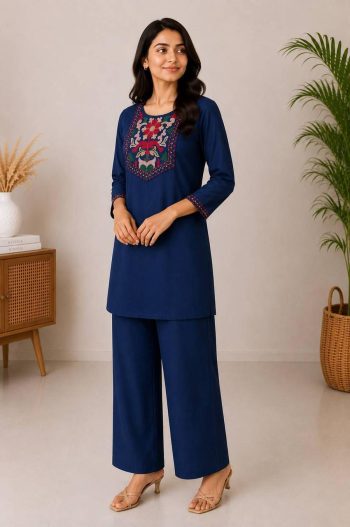 DESIGNER SLUB COTTON EMBROIDERY WORK CO-ORD SET NAVY BLUE