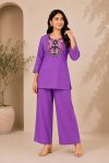 DESIGNER SLUB COTTON EMBROIDERY WORK CO-ORD SET PURPLE