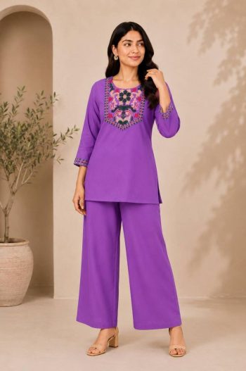 DESIGNER SLUB COTTON EMBROIDERY WORK CO-ORD SET PURPLE