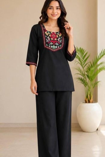 DESIGNER SLUB COTTON EMBROIDERY WORK CO-ORD SET BLACK