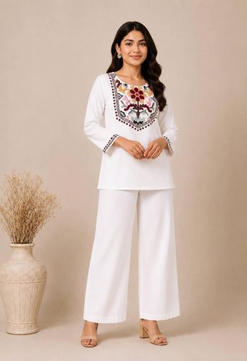 DESIGNER SLUB COTTON EMBROIDERY WORK CO-ORD SET WHITE