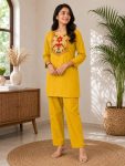 DESIGNER SLUB COTTON EMBROIDERY WORK CO-ORD SET YELLOW