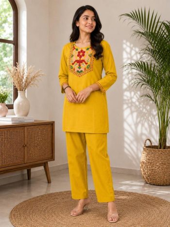 DESIGNER SLUB COTTON EMBROIDERY WORK CO-ORD SET YELLOW