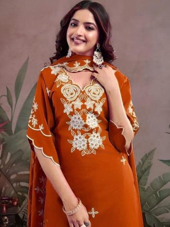 DESIGNER SLUB COTTON EMBROIDERY WORK TOP BOTTOM WITH DUPATTA ORANGE
