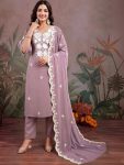DESIGNER SLUB COTTON EMBROIDERY WORK TOP BOTTOM WITH DUPATTA LAVENDER