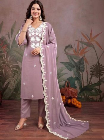DESIGNER SLUB COTTON EMBROIDERY WORK TOP BOTTOM WITH DUPATTA LAVENDER