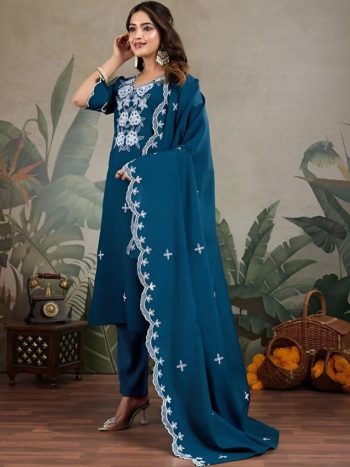 DESIGNER SLUB COTTON EMBROIDERY WORK TOP BOTTOM WITH DUPATTA TEAL