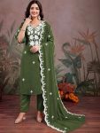DESIGNER SLUB COTTON EMBROIDERY WORK TOP BOTTOM WITH DUPATTA GREEN