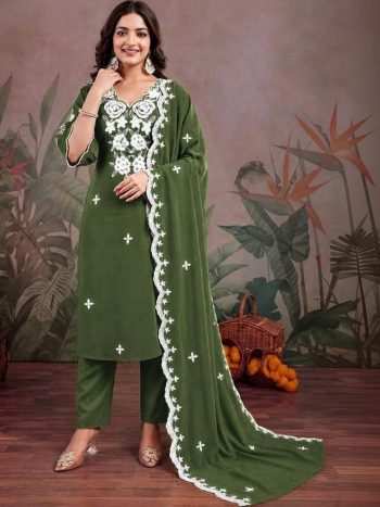 DESIGNER SLUB COTTON EMBROIDERY WORK TOP BOTTOM WITH DUPATTA GREEN