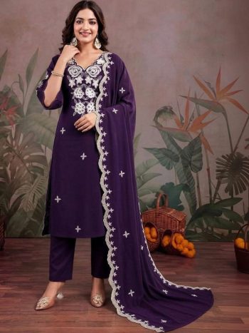DESIGNER SLUB COTTON EMBROIDERY WORK TOP BOTTOM WITH DUPATTA PURPLE