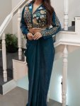DESIGNER SOFT FENDY SATIN SILK EMBROIDERY SEMI BEADS SEQUENCE WORK DHOTI AND BLOUSE TEAL