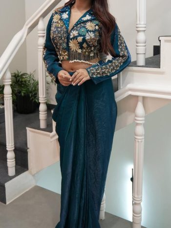 DESIGNER SOFT FENDY SATIN SILK EMBROIDERY SEMI BEADS SEQUENCE WORK DHOTI AND BLOUSE TEAL