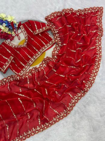 DESIGNER SOFT FENDY SATIN SILK HANDWORK ,SEQUENCE WORK CUT WORK BORDER SAREE WITH STITCHED BLOUSE RED