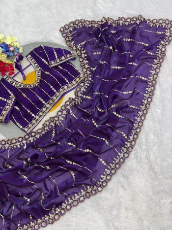 DESIGNER SOFT FENDY SATIN SILK HANDWORK ,SEQUENCE WORK CUT WORK BORDER SAREE WITH STITCHED BLOUSE PURPLE