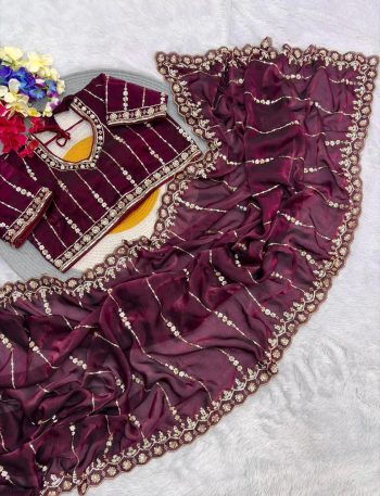 DESIGNER SOFT FENDY SATIN SILK HANDWORK ,SEQUENCE WORK CUT WORK BORDER SAREE WITH STITCHED BLOUSE MAROON