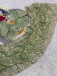DESIGNER SOFT FENDY SATIN SILK HANDWORK ,SEQUENCE WORK CUT WORK BORDER SAREE WITH STITCHED BLOUSE PISTA