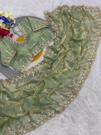 DESIGNER SOFT FENDY SATIN SILK HANDWORK ,SEQUENCE WORK CUT WORK BORDER SAREE WITH STITCHED BLOUSE PISTA