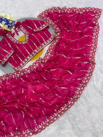 DESIGNER SOFT FENDY SATIN SILK HANDWORK ,SEQUENCE WORK CUT WORK BORDER SAREE WITH STITCHED BLOUSE RANI