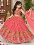 DESIGNER SOFT SINDUR SILK SEQUENCE EMBROIDERY WORK KID’S LEHENGA CHOLI AND DUPATTA WEDDING WEAR WHOLESALE PRICE ETHNIC GARMENT (8)