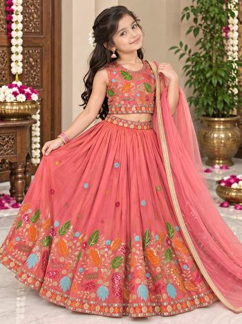 DESIGNER SOFT SINDUR SILK  SEQUENCE EMBROIDERY WORK KID'S LEHENGA CHOLI AND DUPATTA  ORANGE