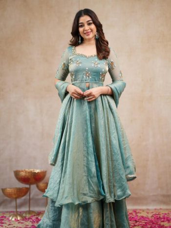DESIGNER SPACE SILK MAGGUM WORK TOP LEHENGA WITH DUPATTA SEA GREEN