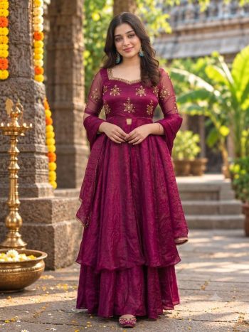 DESIGNER SPACE SILK MAGGUM WORK TOP LEHENGA WITH DUPATTA WINE
