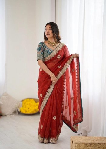 DESIGNER SPACE SILK SEQUANCE AND ZARI EMBROIDERY WORK SAREE WITH STITCHED BLOUSE RED