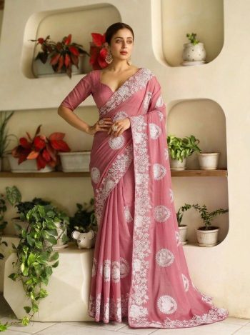 DESIGNER STAR GEORGETTE EMBROIDERY WORK WITH PIPING BORDER SAREE WITH UNSTITCHED BLOUSE BABY PINK