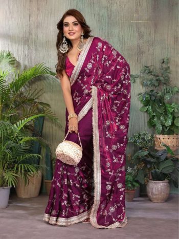 DESIGNER TONE AND EMBROIDERY WORK AND LACE BORDER SAREE WITH UNSTITCHED BLOUSE WINE